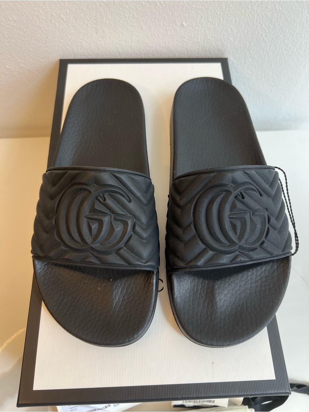 Gucci Black Quilted GG Logo Slide Sandals, Made In Italy